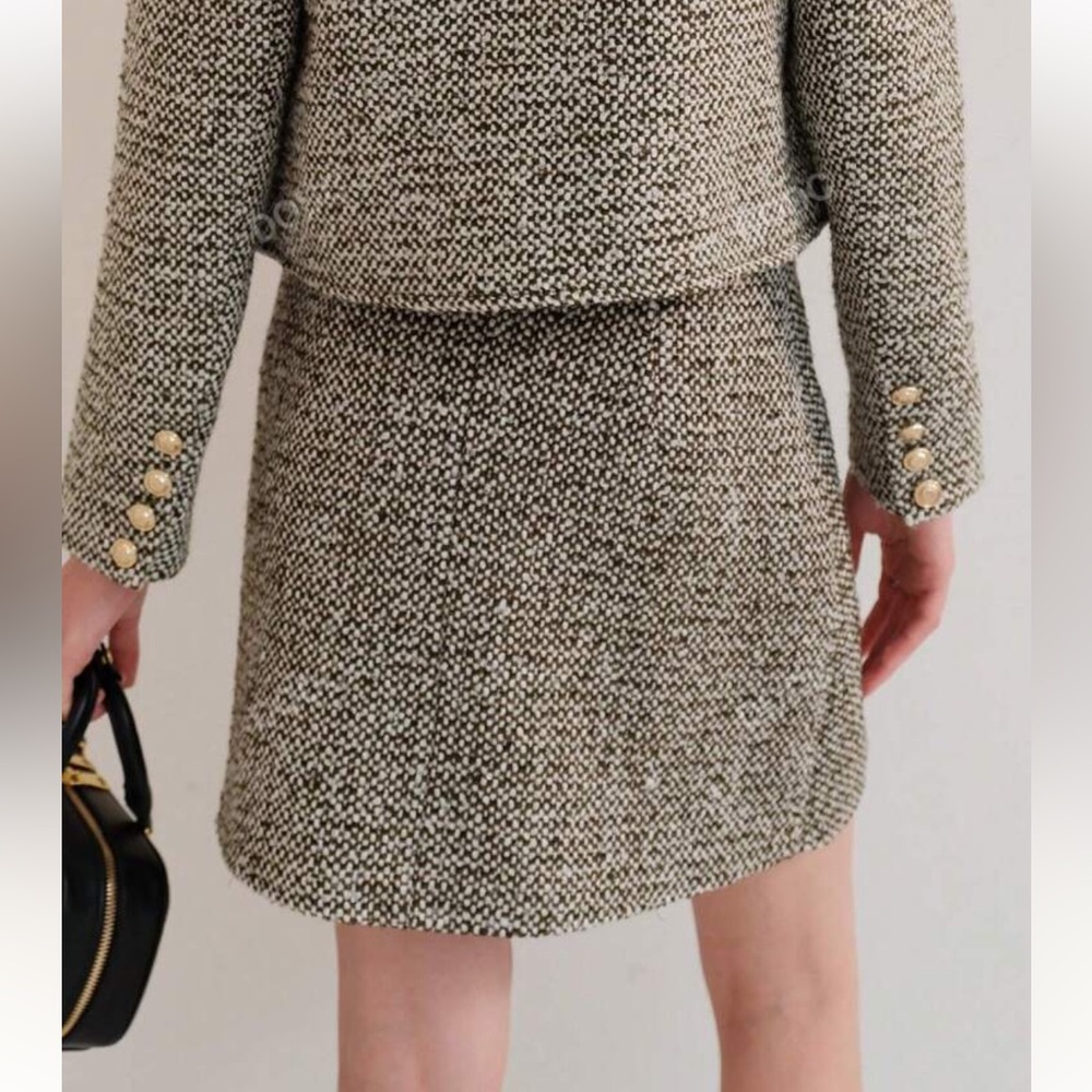 2 piece set- Green/ivory tweed textured collarless blazer cardigan & mini skirt - Picture 5 of 16
